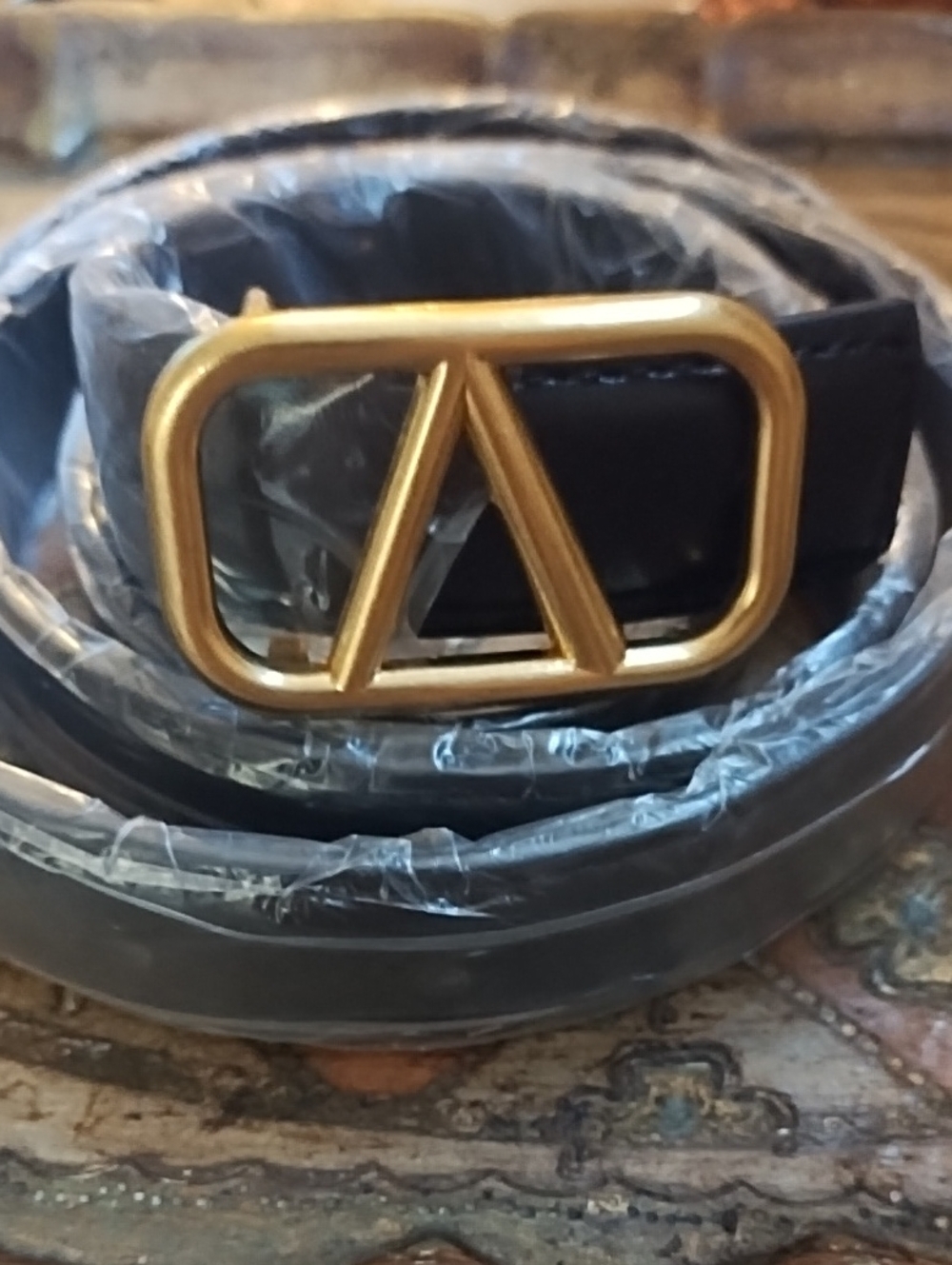 Black Faux Leather Belt with Gold Logo Buckle - Designer Style Letter V